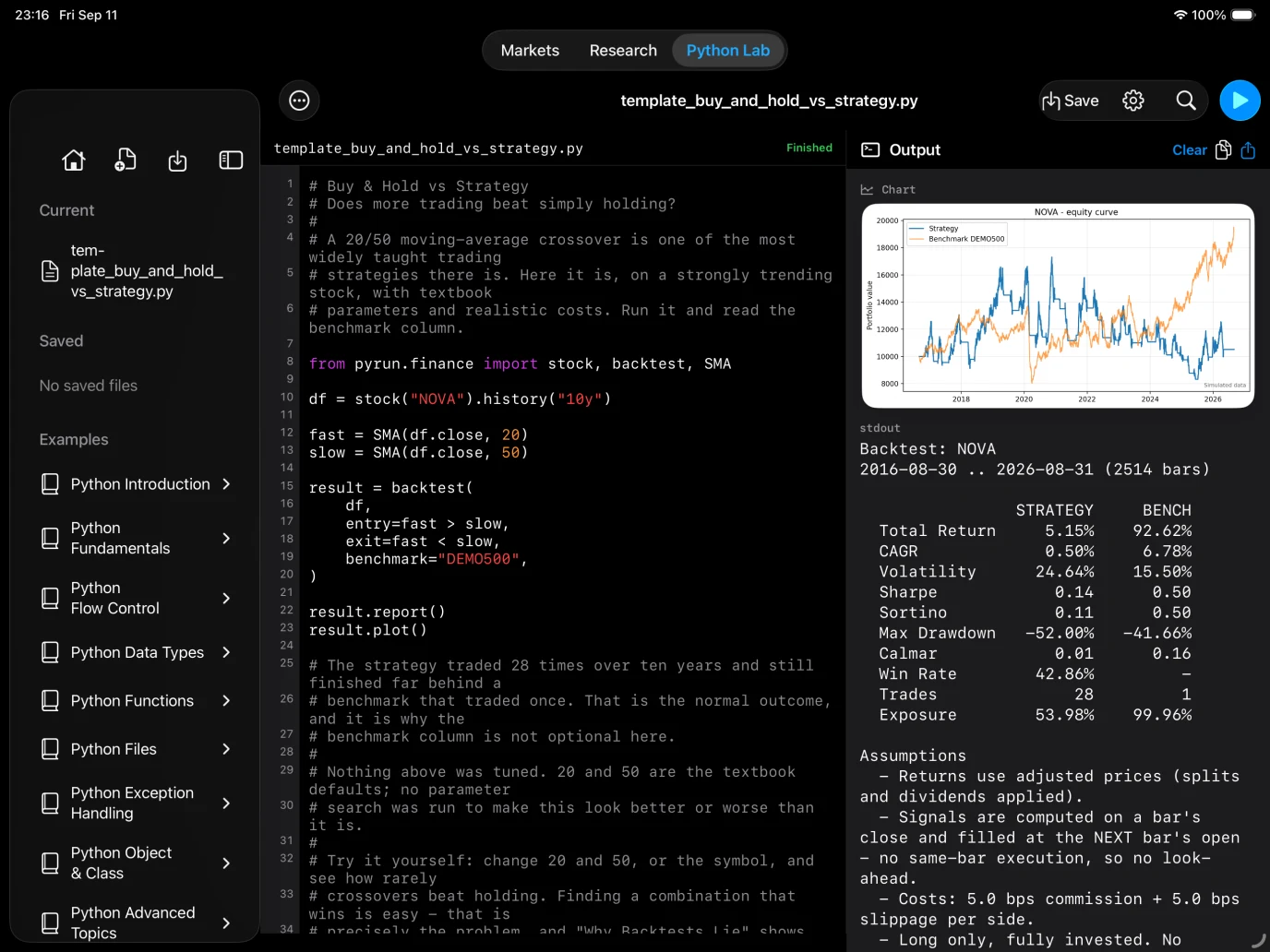 PyRun Quant showing Python research and a backtest on iPad