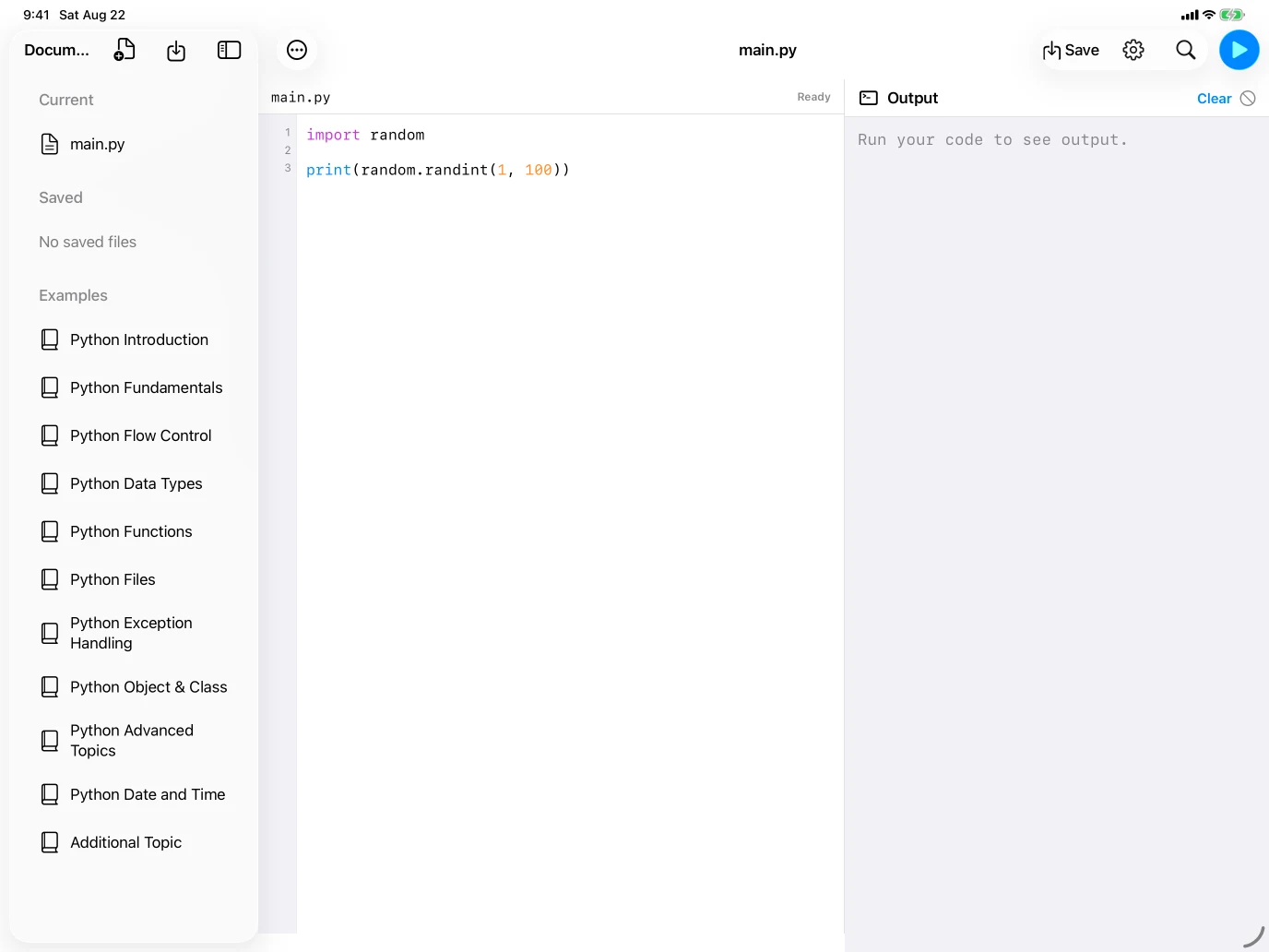 PyRun document sidebar, Python editor, and output panel on iPad